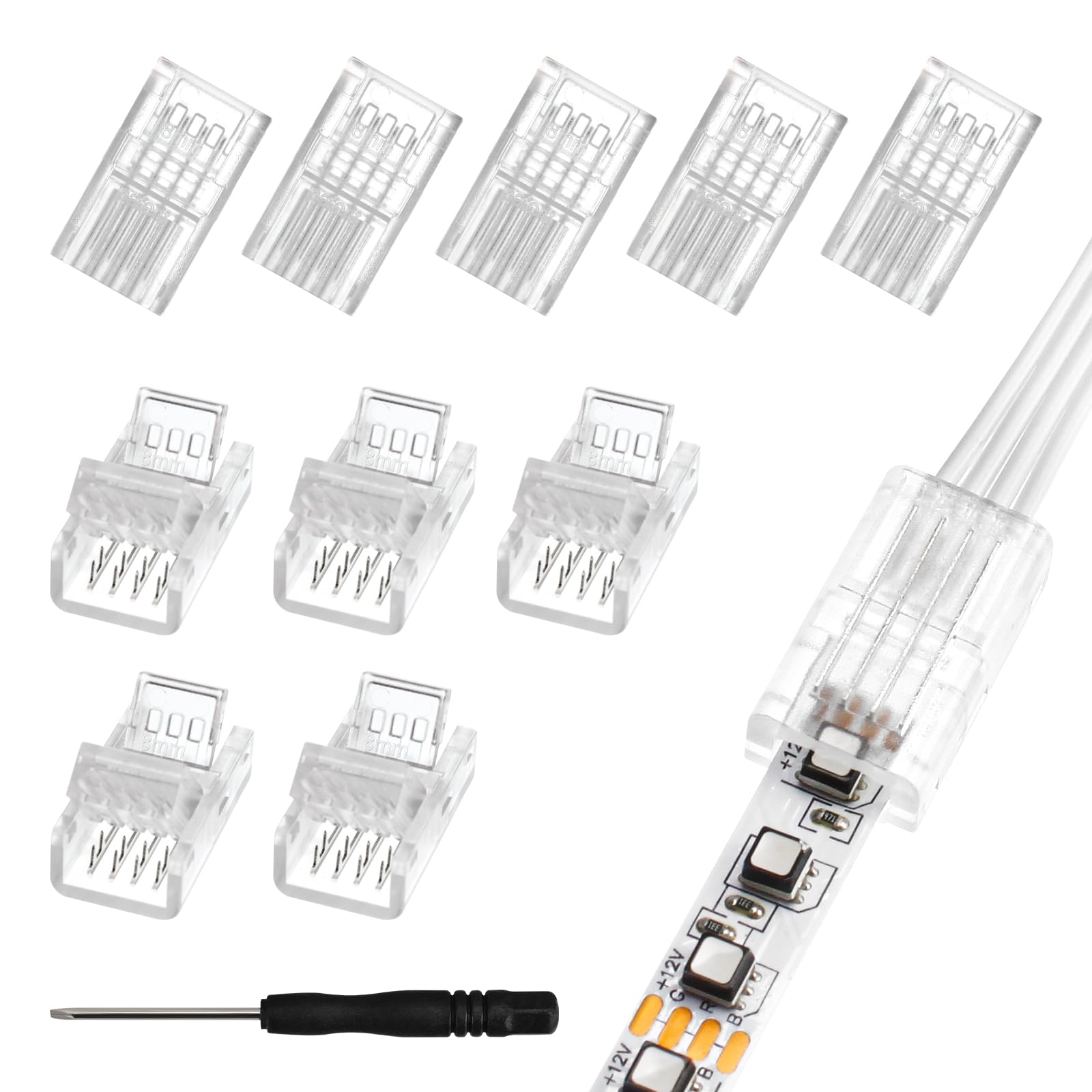 Aroidful 10Pcs LED Strip Connector 4 Pin 8mm, Wide Strip to Wire Quick Connectors for Waterproof or Non-Waterproof 8mm Wide RGB SMD 5050/3528 LED Light Strip