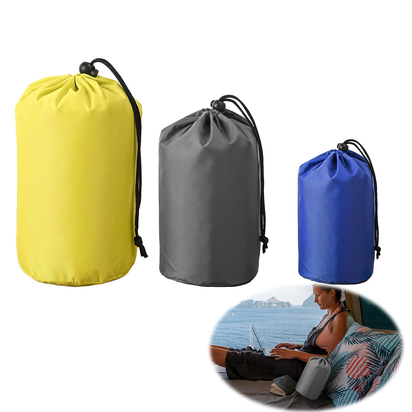 3 Pcs Stuff Sack Small Items Storage Stuff Bag Waterproof Outdoor Portable Hanging Drawstring String Nylon Sacks for Camping Boating Hiking Travel Beach Sandbags 10x20/13x25/18x32cm Blue Gray Yellow