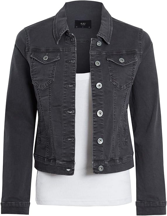 Womens Fitted Denim Jacket Ladies Stretch Black Grey Jean Jackets Size