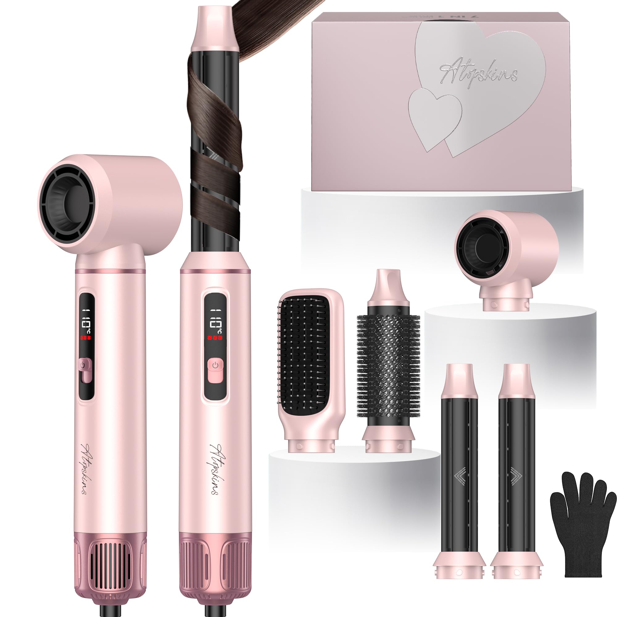 Photo 1 of 5 in 1 Hot Air Styler Brush, 1000W Hair Dryer with LCD Display, Auto Rotating Curler for Volumizing Fast Drying, Curling & Straightening Multi Styling Tools for All Hair with 3 Levels (Pink)
