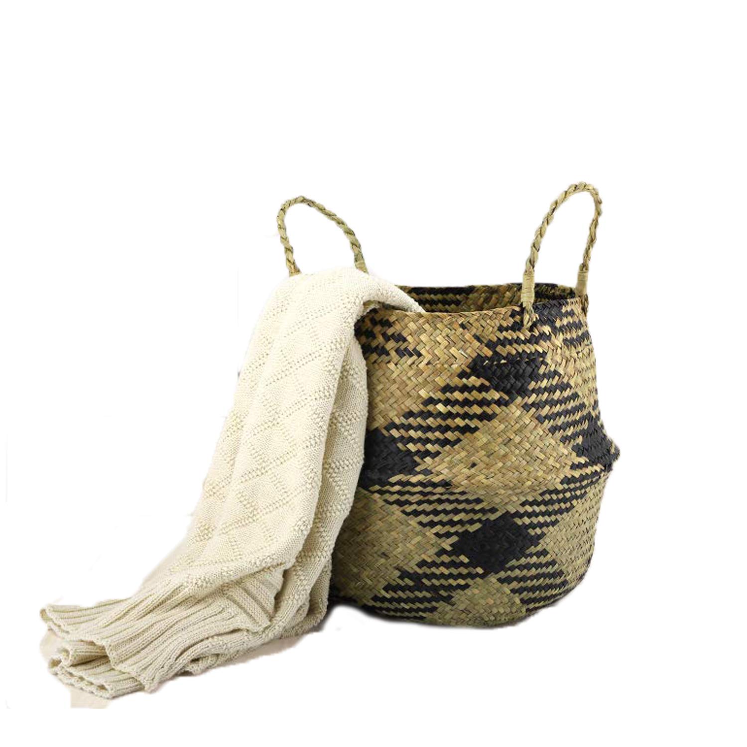 SZETOSY Natural Seagrass Basket - GOODCHANCEUK Seagrass Belly Basket Hand Woven Storage Basket With Handle Toys Laundry Basket Flower Planter Black Square Style#6 32CMx28CM