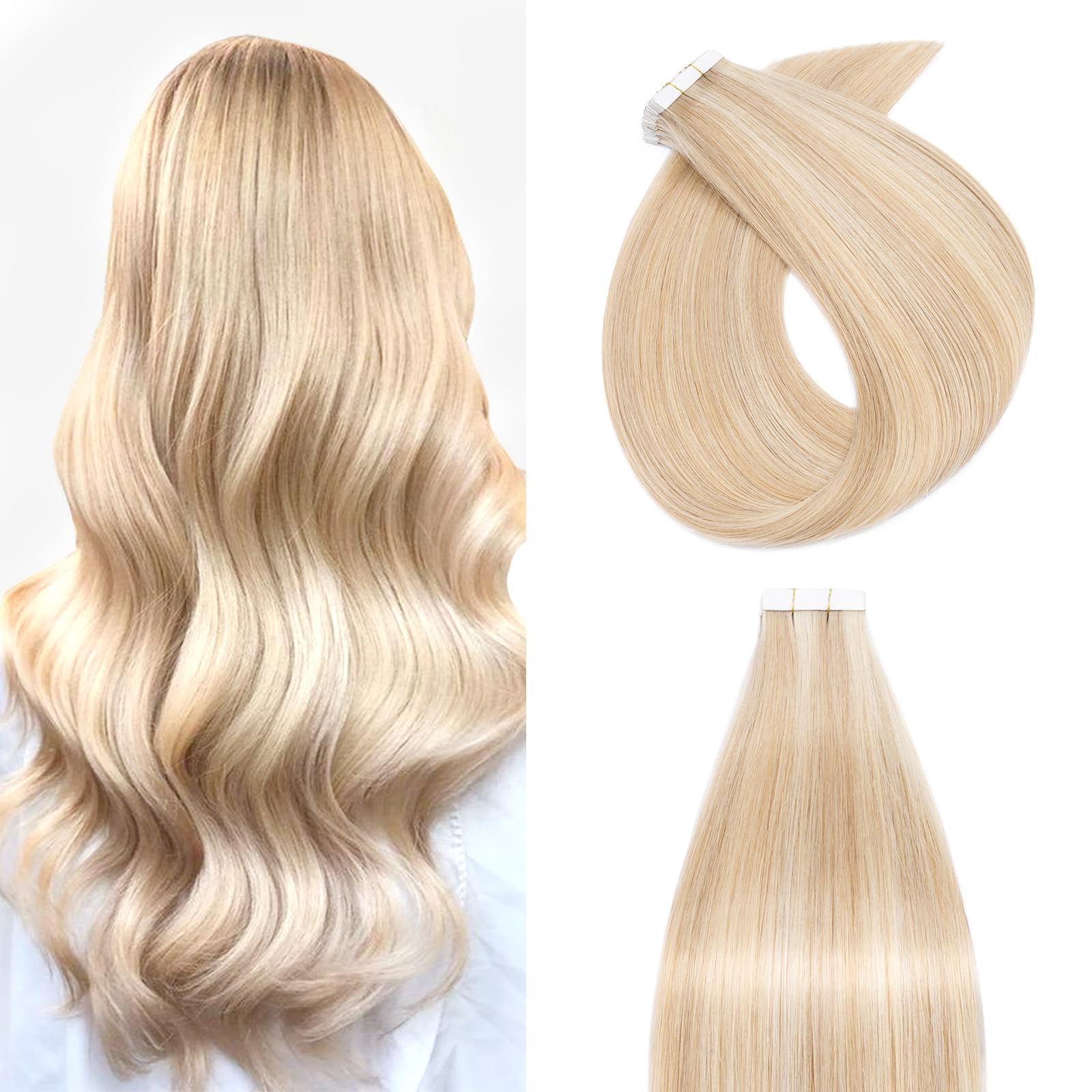 22in Tape in Hair Extensions Real Human Hair Extension 20 Pcs Highlighted #18P613 Ash Blonde&Bleach Blonde Skin Weft Seamless Straight