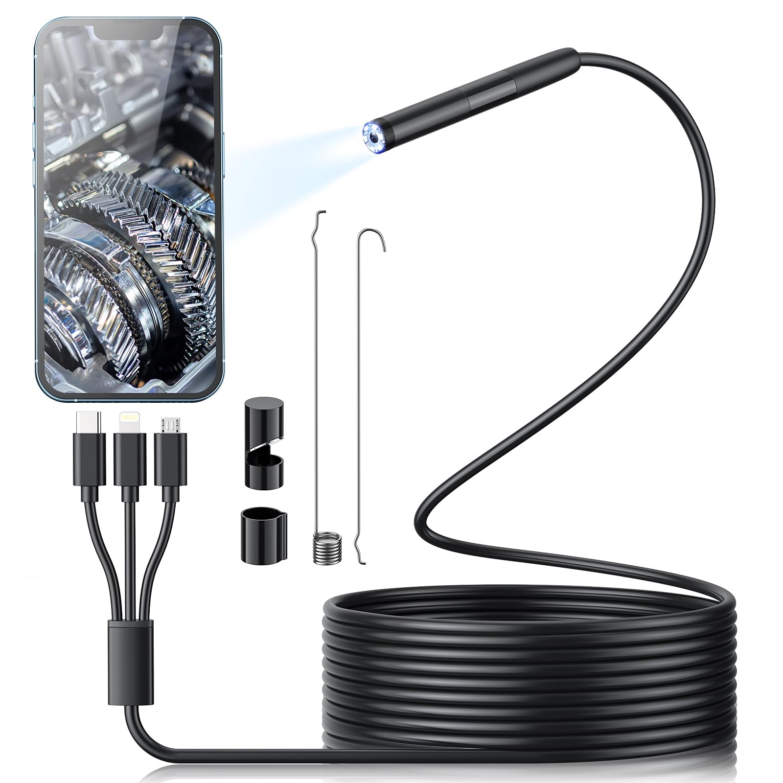 Photo 1 of Endoscope Camera with Light, Borescope with 8 Adjustable LED, 1920P HD Inspection Camera for iOS, IP67 Waterproof Snake Camera with Light and 16.4 ft Semi-Rigid Snake Cable