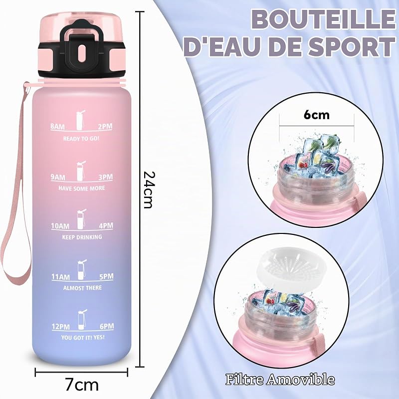 Gourde Enfant, Gourde 500ml, Bouteille Filtrante Anti-Fuite, Facile à Transporter, Bouteille avec Marqueur de Temps, Anti Fuite, Facile à Nettoyer, pour Bureau, Voyage, Extérieur, École, Sportif
