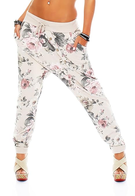 Malito Damen Jogginghose mit Flower Print | Sporthose mit Knopfleiste| Baggy zum Tanzen | Sweatpants - Freizeithose 3304