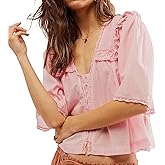 Amiblvowa Women's Lace Button Up Short Sleeve Semi Sheer Ruffle Blouse
