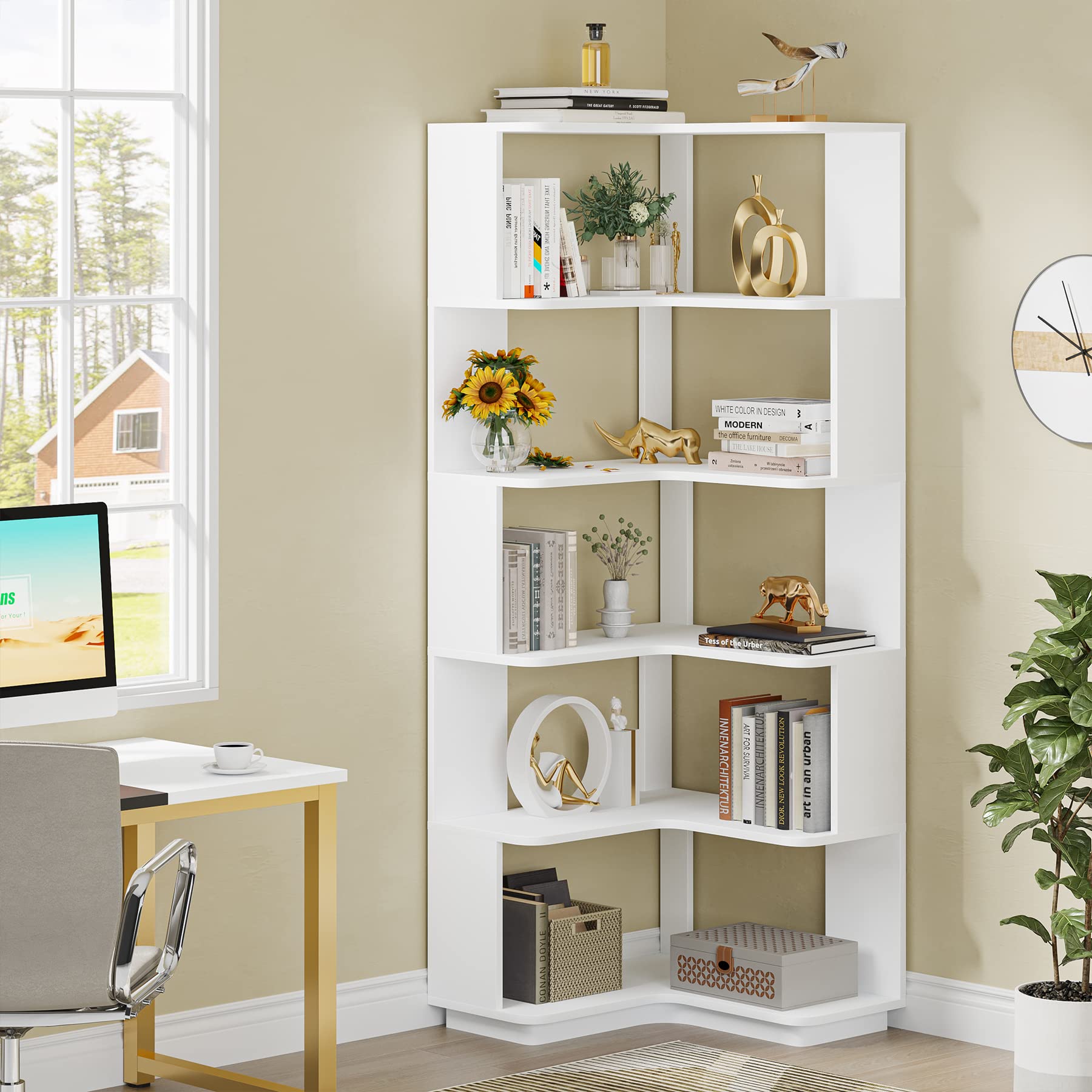 LITTLE TREE Corner Bookshelf, 64.9 Inch Tall Bookcase with Anti-Drop ...