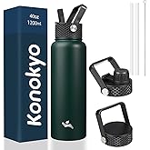 Konokyo 40oz Insulated Water Bottle Stainless Steel Sport Bottles with 3 Lids,Army Green