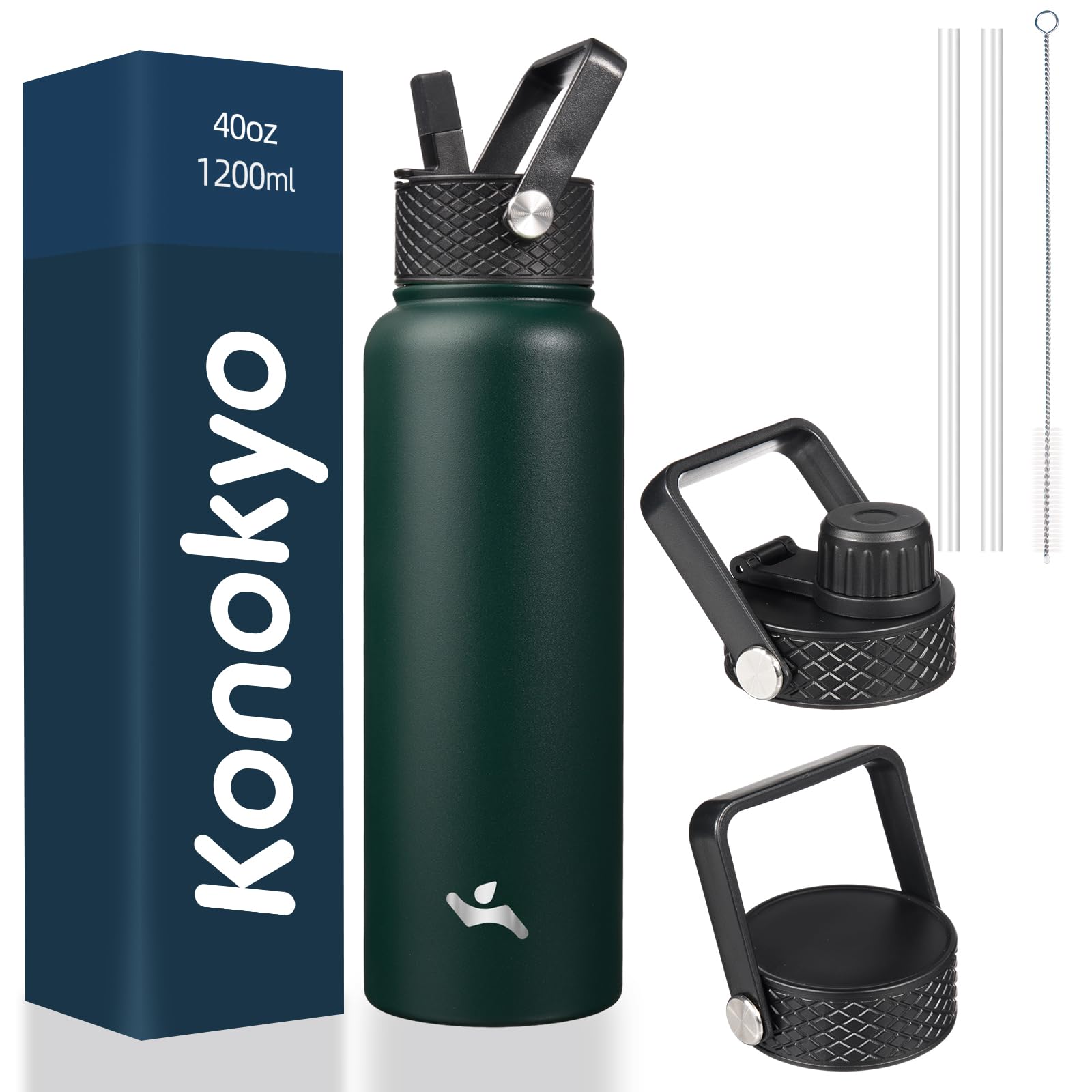 Photo 1 of Konokyo 40oz Insulated Water Bottle Stainless Steel Sport Bottles with 3 Lids,Army Green