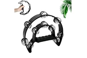 Black Tambourine,Ai-OUMLEEF Half Moon Percussion Tambourine with Double Row Metal Jingles,Ergonomic Handle Grip, Jingle Bells