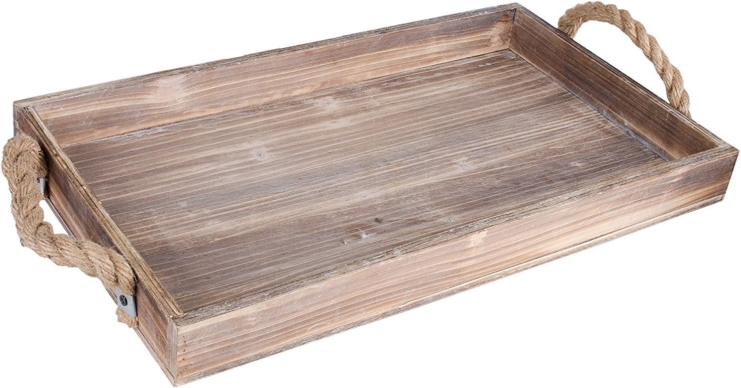 Dwellbee Rustic Wood Serving Tray with Rope Handles (Mango
