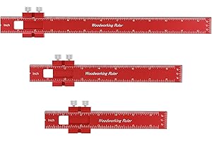 TOVEN-RV Woodworking Ruler 3PCS Precision Pocket Ruler with Slide Stops T Ruler for Woodworking 6 8 12 Inch Metal T Track Rule Inch Metric Marking Wood Working Edge Scribing Rulers Measuring Tools, Red