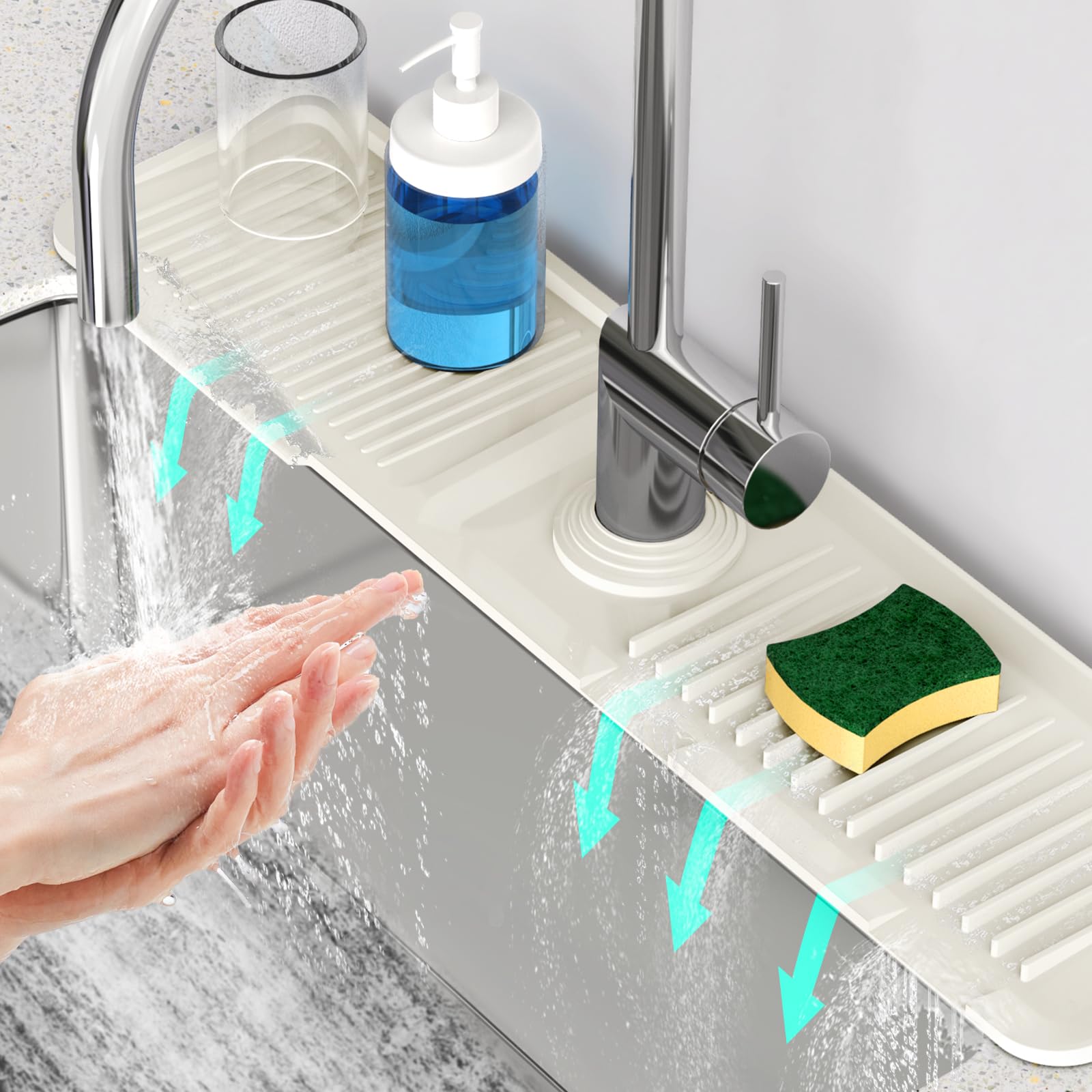 Photo 1 of 24'' Faucet Mat for Kitchen Sink [5°Slope Fast Self-draining] Faucet Mat Kitchen Sink Splash Guard Silicone Sink Faucet Mat Splash Guard Kitchen Sink Area Tidy Splash Faucet Guard Draining Mat-Beige