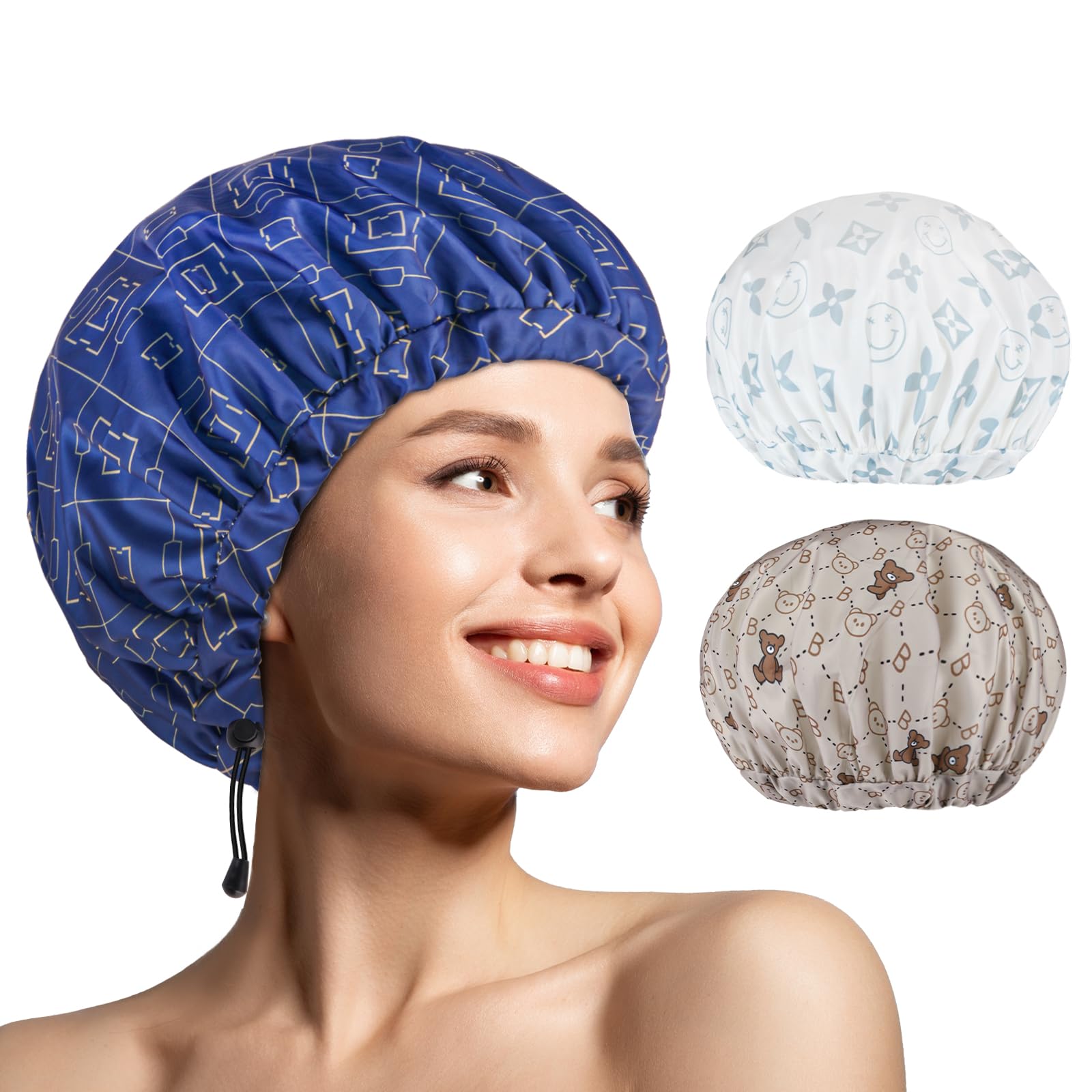 WINSTECK 3 PCS Shower Caps for Women, Upgrade Comfortable & Extra Large & Double Layers Waterproof Bath Cap, Oversized Designed Adjustable Hem Hair Cap for All Hair Lengths/Style