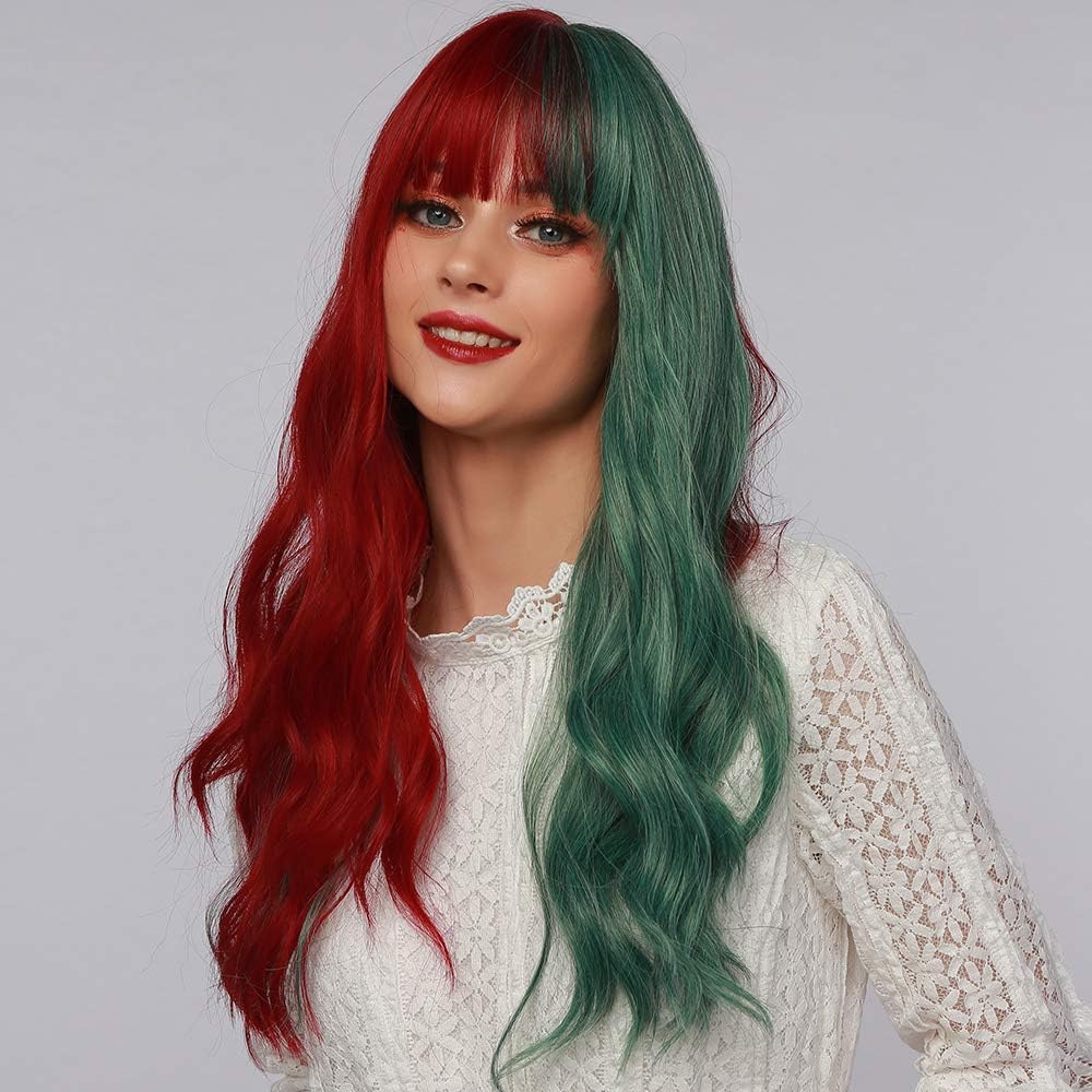 Esmee 22 Inches Women Synthetic Wigs Long Wavy Red/Green with Fluffy Air Bangs Light Cosplay Halloween Party Wigs - Image 3