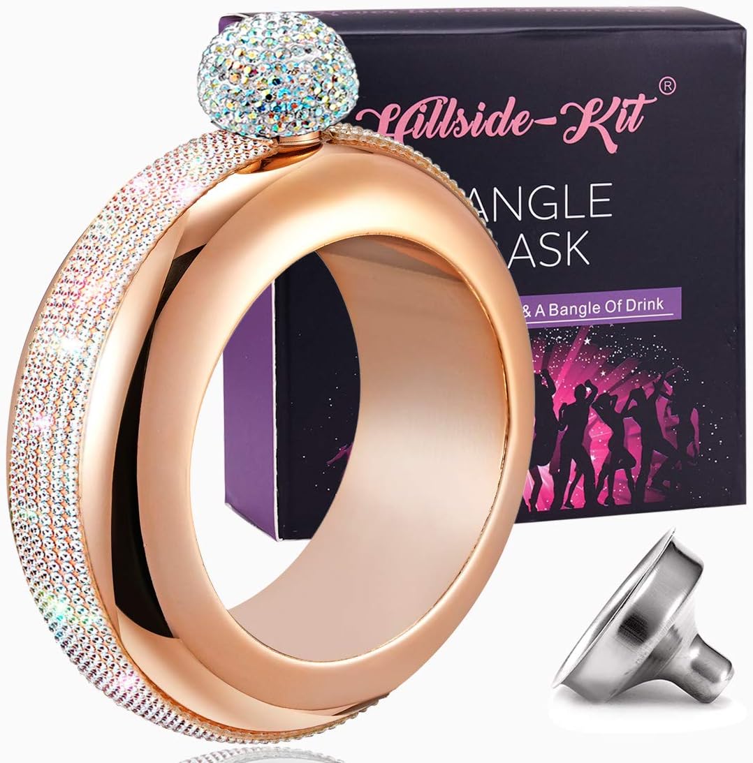 Hillside-Kit Bracelet Bangle Flask Handmade Crystal Lid Creative 304 Stainless Steel Wine Flask Gift For Women Girls Men Party Flask Hidden Liquor Flask Bracelet Funnel Set 3.5oz (Rose Gold Stone)