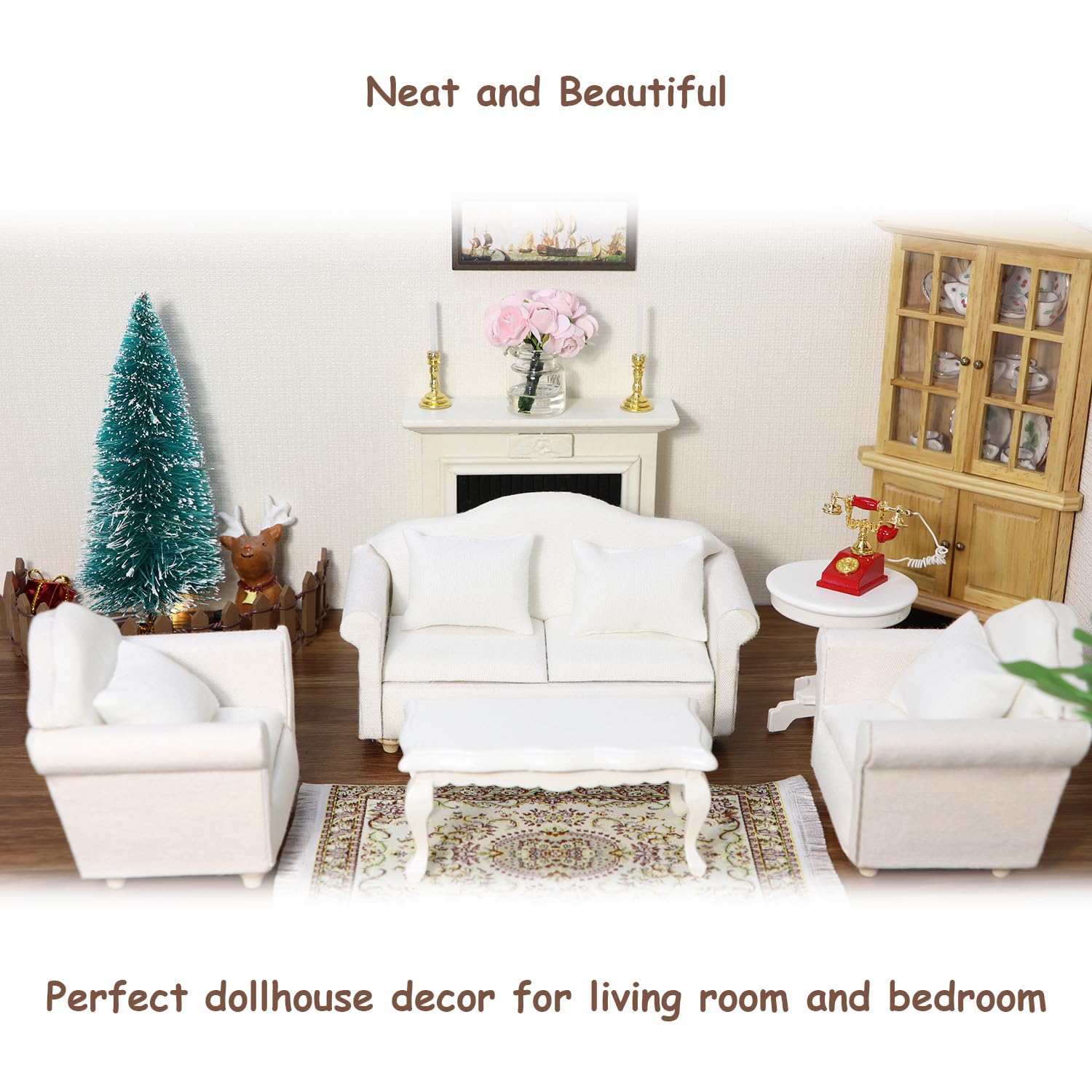 Dollhouse Couch with Pillow 1 12 Scale Miniature Sofa Arm Chair Living Room Furniture Wooden Fabric Frame Single Reading Chair Artificial House Room Scene Decoration (White)