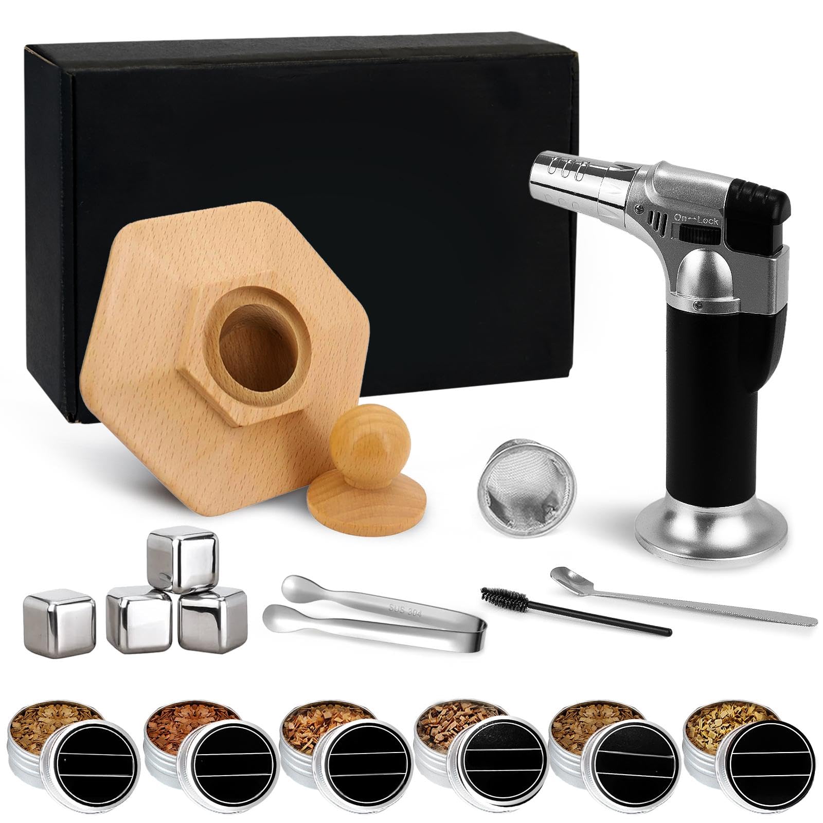 Cocktail Smoker Kit with Torch, Drink Smoker Kit With 6 Flavors Wood Chips, 4 Whiskey Stones, Whiskey Smoker Kit For Infuse Cocktail, Portable Cocktail Smoker Gifts For Men (No Butane)