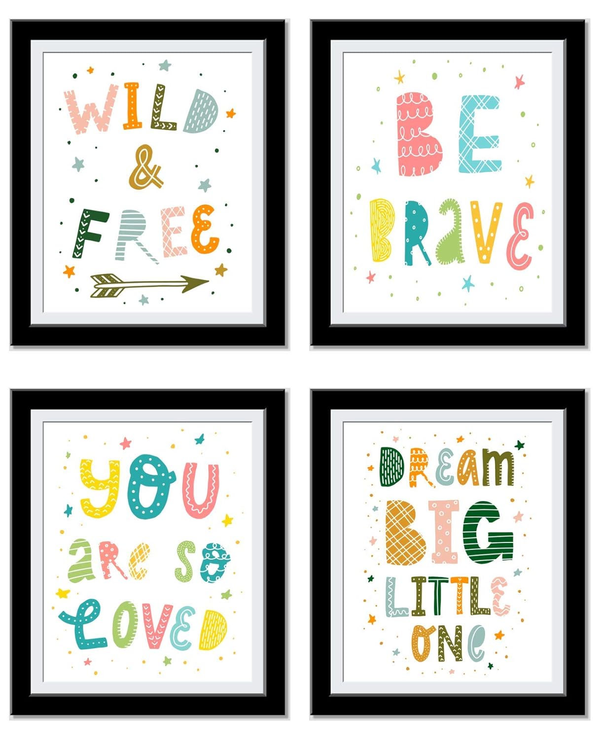 Kids Motivational Wall Art - Nursery wall decor Art - Wild and Free, Be Brave, Loved, Dream Big - Set of 4 8x10 UnFramed prints…