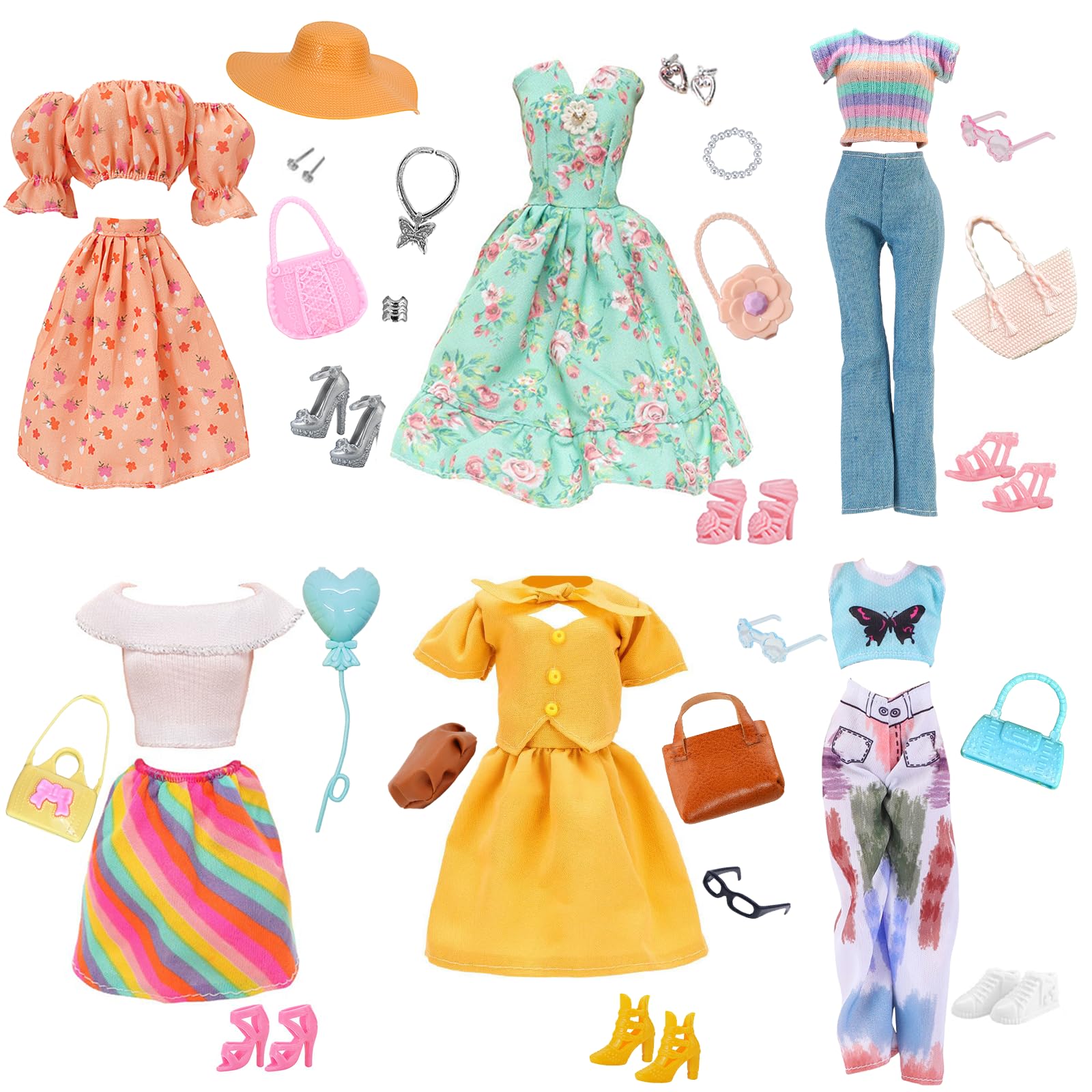33 Pcs Doll Clothes Compatible with Barbie 11.5 inch Doll, Doll Outfits and Accessories with 2 Dresses, 4 Tops, 2 Skirts, 2 Pants, 6 Shoes, 6 Bags, 11 Accessories, Girl Gifts in Random