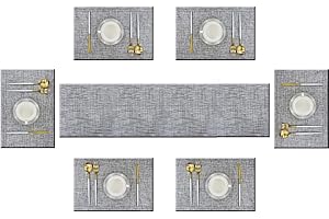 Bright Dream Table Mats for Dining Table Washable Easy to Clean PVC Table Placemats with Rrunner (1 Table Runner and 6 Placemats, Smoky Gray)
