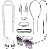 Molirex 9 Pcs 70s Women Disco Accessories Disco Costume with Sequin Scarf Diamond Headband Bracelet Glasses Necklace Earrings