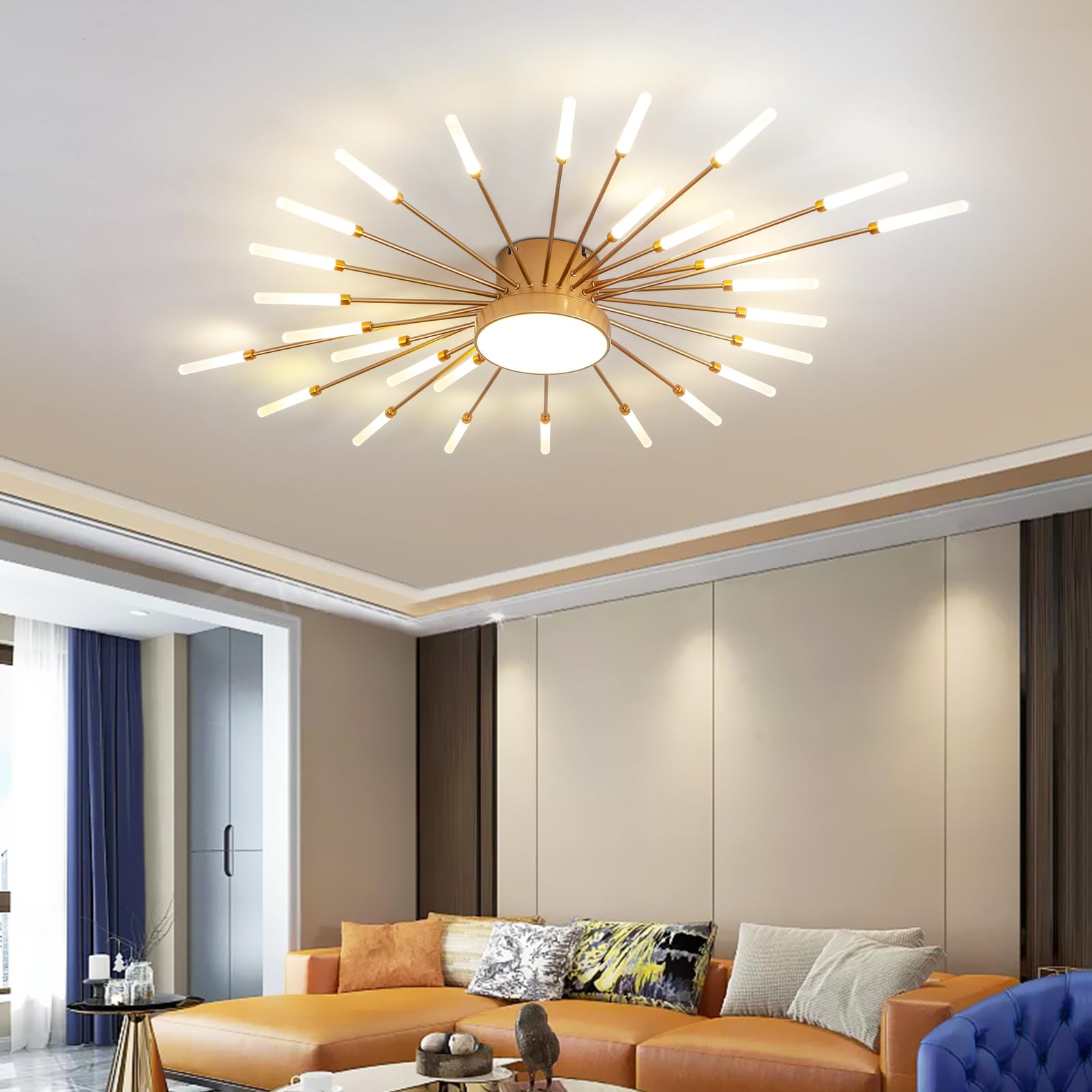 Photo 1 of JAYMP Ceiling Light Modern Flower Shape Ceiling Lamp for Living Room Dining Room Flush Mount Metal Acrylic Sputnik Firework Petal LED Lighting Fixture (Matte Gold, 28+1 Lights)
