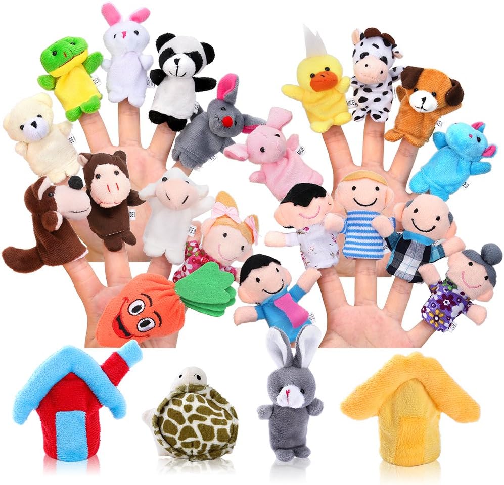 Pllieay 24 Pieces Finger Puppets Set Cloth Plush Doll Baby Educational Hand Cartoon Animal Toys with 15 Animals, 6 People Family Members, 2 Pieces House and 1 Piece Carrot