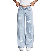 WDIRARA Girl's Butterfly Print Baggy Jeans Straight Leg Denim Pants Streetwear