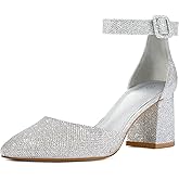 mysoft Women's Pointed Toe Low Chunky Heels Closed Toe Ankle Strap Dress Pump Shoes - Available in Wide Sizes