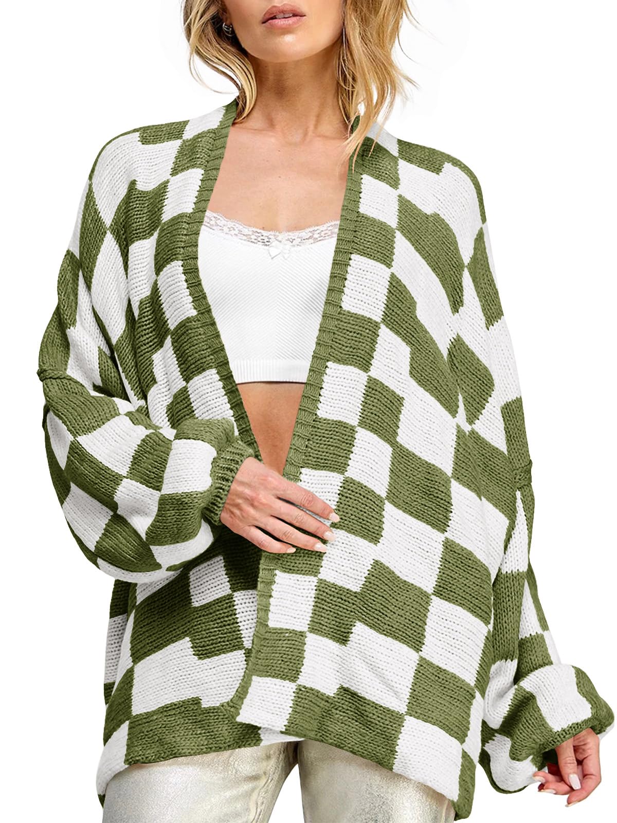 Photo 1 of Saodimallsu Womens Checkered Oversized Cardigan Sweaters Color Block Chunky Open Front Lantern Sleeve Plaid Knit Coats Green