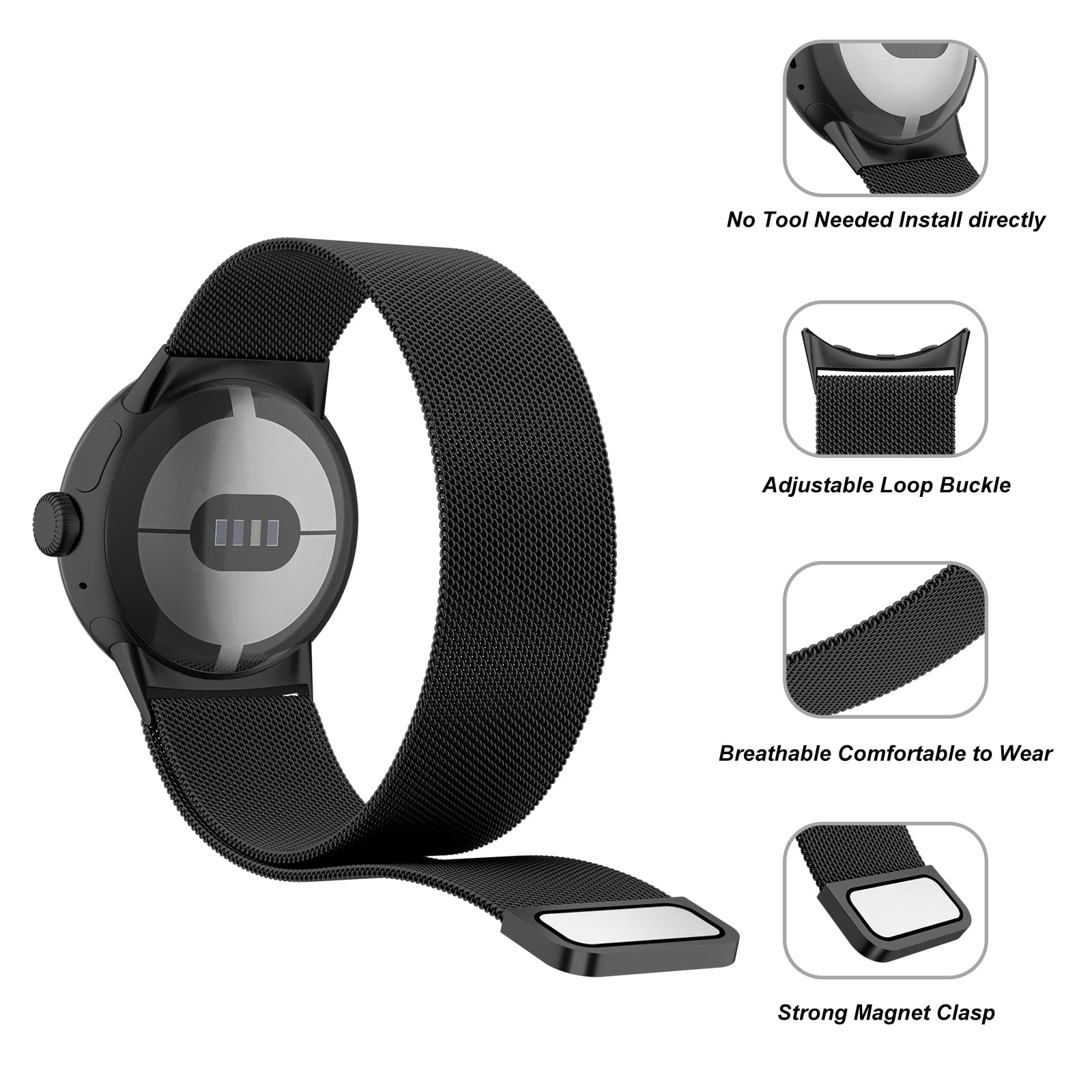 Amzpas Metal Band Compatible with Google Pixel Watch Bands for Women Men, Stainless Steel Mesh Loop Adjustable Wristband Replacement Strap for Google Pixel Watch 1/2 / 3 41mm Band
