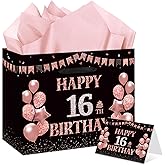 EIGHTSTATES Sweet 16 Birthday Gift Bag, Black Rose Gold Happy 16th Birthday Gift Wrap Bag, with Card Tissue Paper, for Girls 16th Bday Party Decorations Gift Wrapping, Bday Decorations Party Supplies