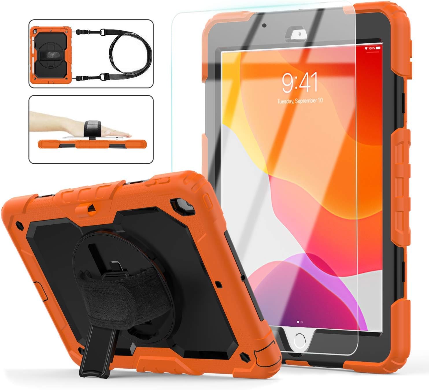 iPad 8th/7th Generation Case, iPad 10.2 Case 2020/2019, [Shockproof] ambison Full Body Protective Case with 9H Tempered Glass, Rotatable Kickstand & Hand Strap, Shoulder Strap (Orange & Black)