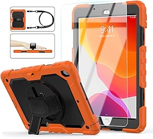 iPad 8th/7th Generation Case, iPad 10.2 Case 2020/2019, [Shockproof] ambison Full Body Protective Case with 9H Tempered Glass, Rotatable Kickstand & Hand Strap, Shoulder Strap (Orange & Black)