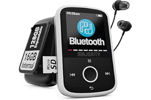 MP3 Player with Bluetooth and Sports Clip | Earbuds Included, Expandable to 128GB | Bluetooth Music Player, HD Color Screen, 34 Hours Battery Life | SD and USB-C | Majority MP3 GO Music Player