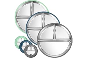 BUSOHA 3 Pack Stainless Steel Kids Plate Set - 9” Divided Toddler Baby Plates with Silicone Sleeves with Suction 2-in-1 Anti Breakage Metal Toddler Bowls Microwave Dishwasher Safe