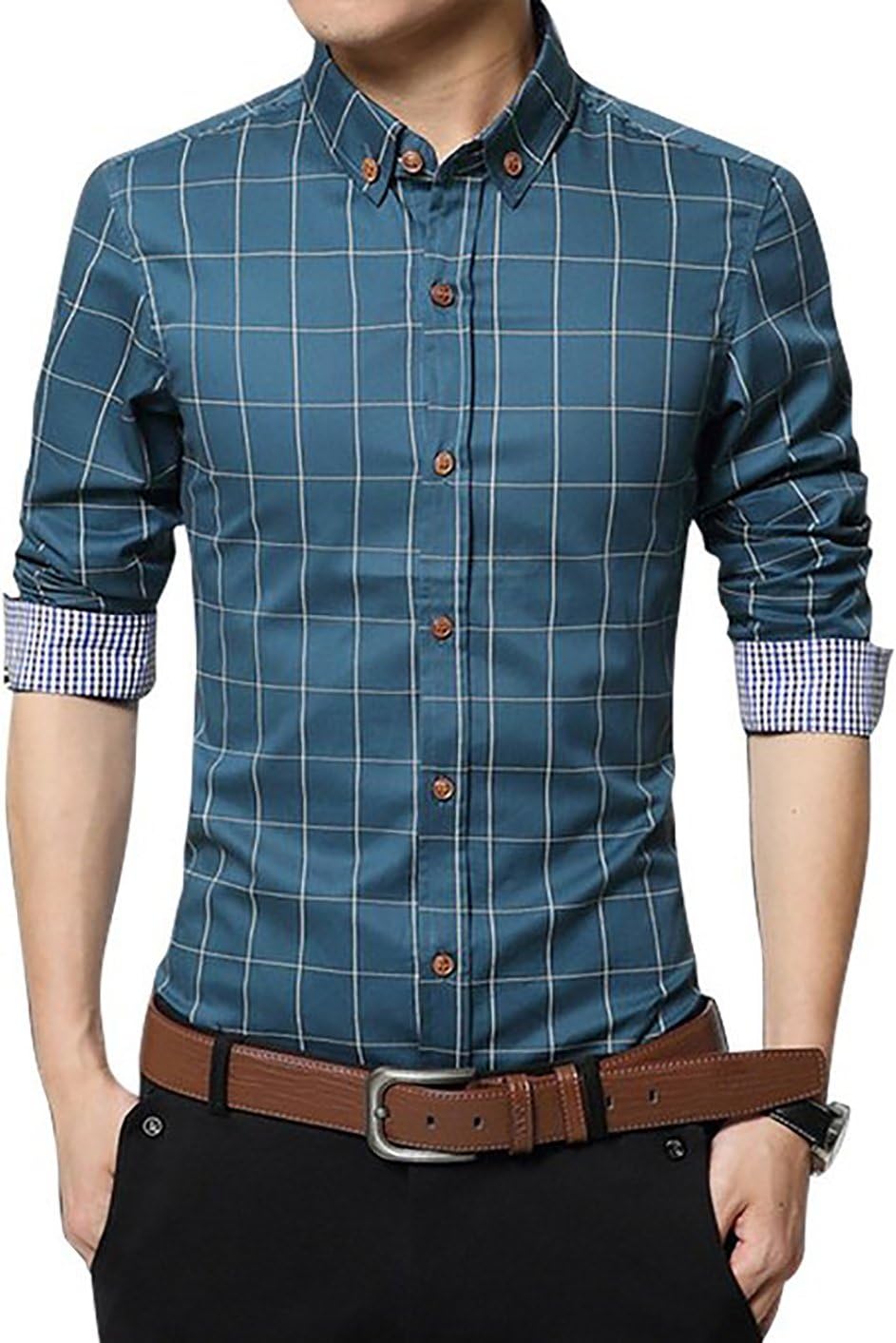 LOCALMODE Men's 100% Cotton Long Sleeve Plaid Slim Fit Button Down Dress Shirt