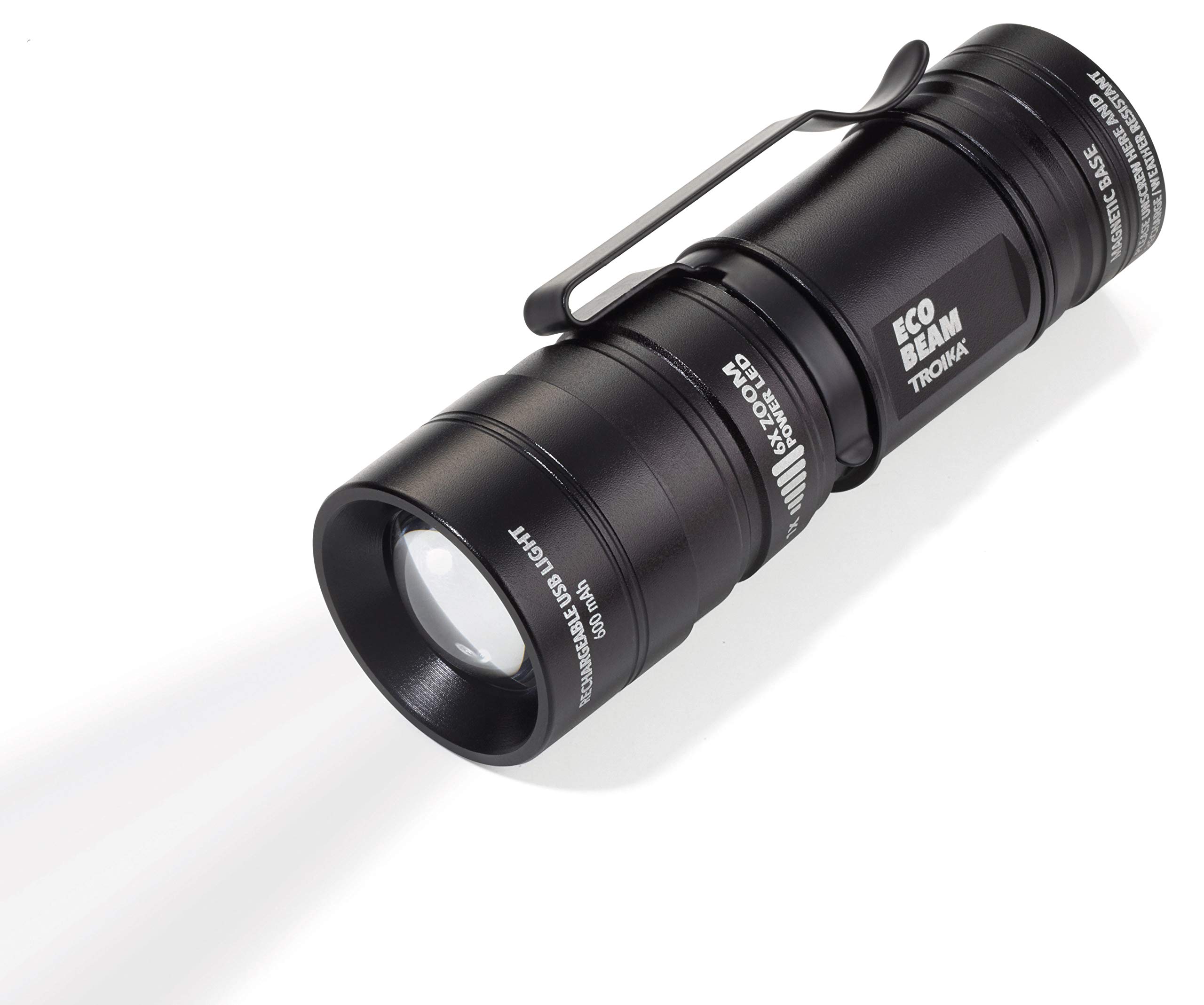 Troika Torch Eco Beam TOR52/BK – Rechargeable LED Lamp (White) – 3 Settings: 2 Levels, Flashing, 6X Zoom – with Magnet (600 mAh) Battery + Charging Cable – Das Original von, aluminium, Black, 7,5cm