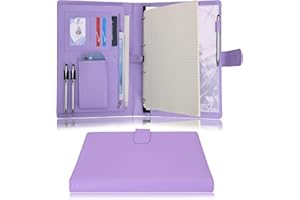 Wonderpool A4 PU Leather Ring Holder Writing Portfolio Multi Document Case with Removable Binder Clipboard and Functional Pocket for Organizer Office Travel School (Purple)