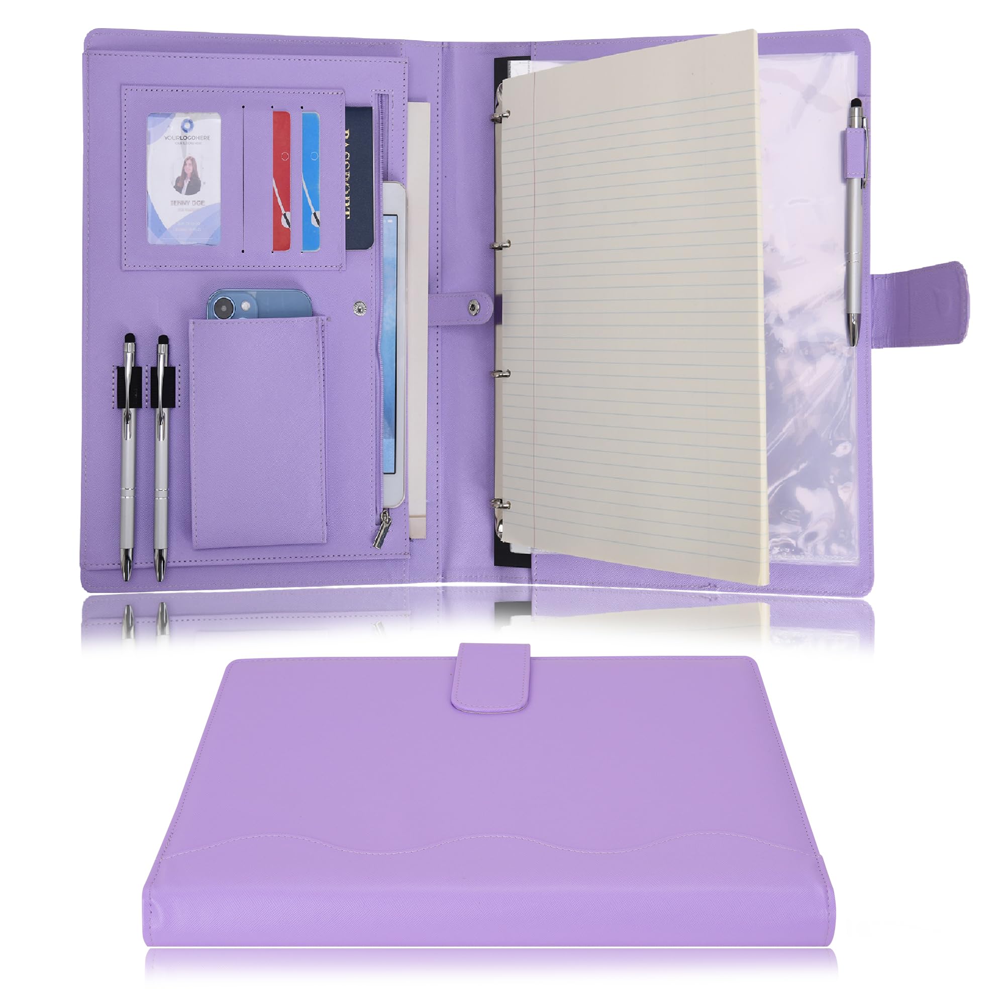 Wonderpool A4 PU Leather 4 Ring Holder Writing Portfolio Multi Document Case with Removable Binder Clipboard and Functional Pocket for Organizer Office Travel School (Purple) — image 1