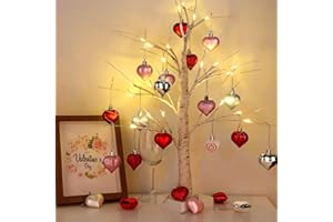 BUNNY CHORUS Valentines Day Decor Lighted Birch Tree with 24pcs Heart Ornaments, Valentine Table Decorations White Birch Twig Tree with LED Lights and Cute Heart Decor for The Home Wedding Dinner Gifts
