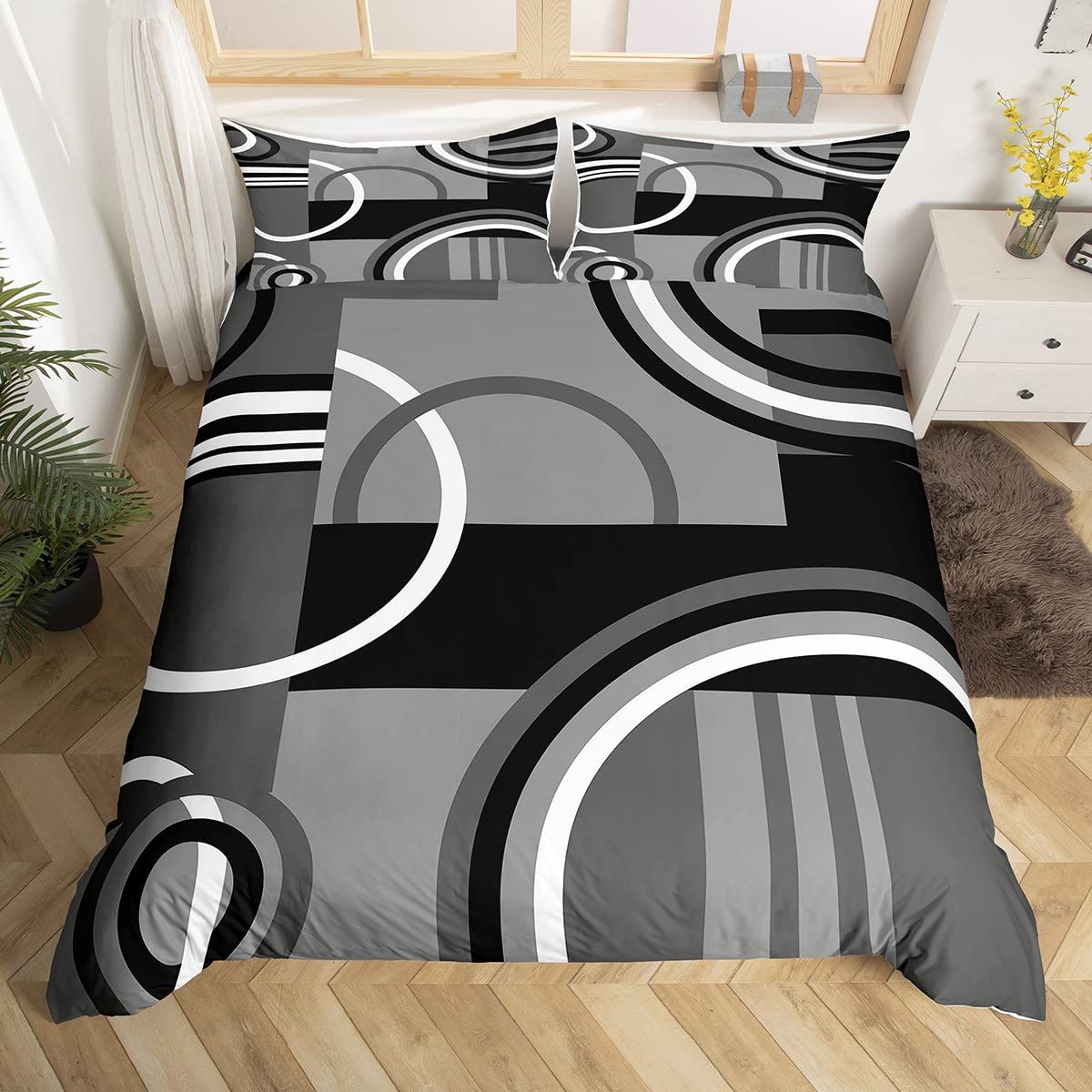 Geometric Duvet Cover Set Geometric Circles Bedding Set for Kids Boys Girls Abstract Boxes Lines Modern Comforter Cover Fashion Grey Black 3Pcs Bedding Double