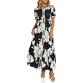 Wenrine Womens Casual Shirt Dress Floral Collared Short Sleeve Button Down Drawstring Waist Loose Summer Maxi Dresses