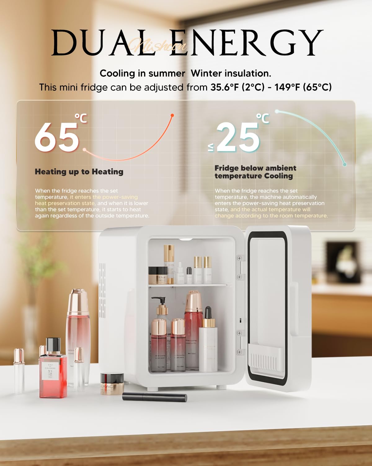 Portable Mini Fridge for Skincare Beauty Cosmetic Makeup, 4-Liter Thermoelectric Cooling and Warming Skin Care Refrigerator With Mirrored Door and Dimmable LED Light, White