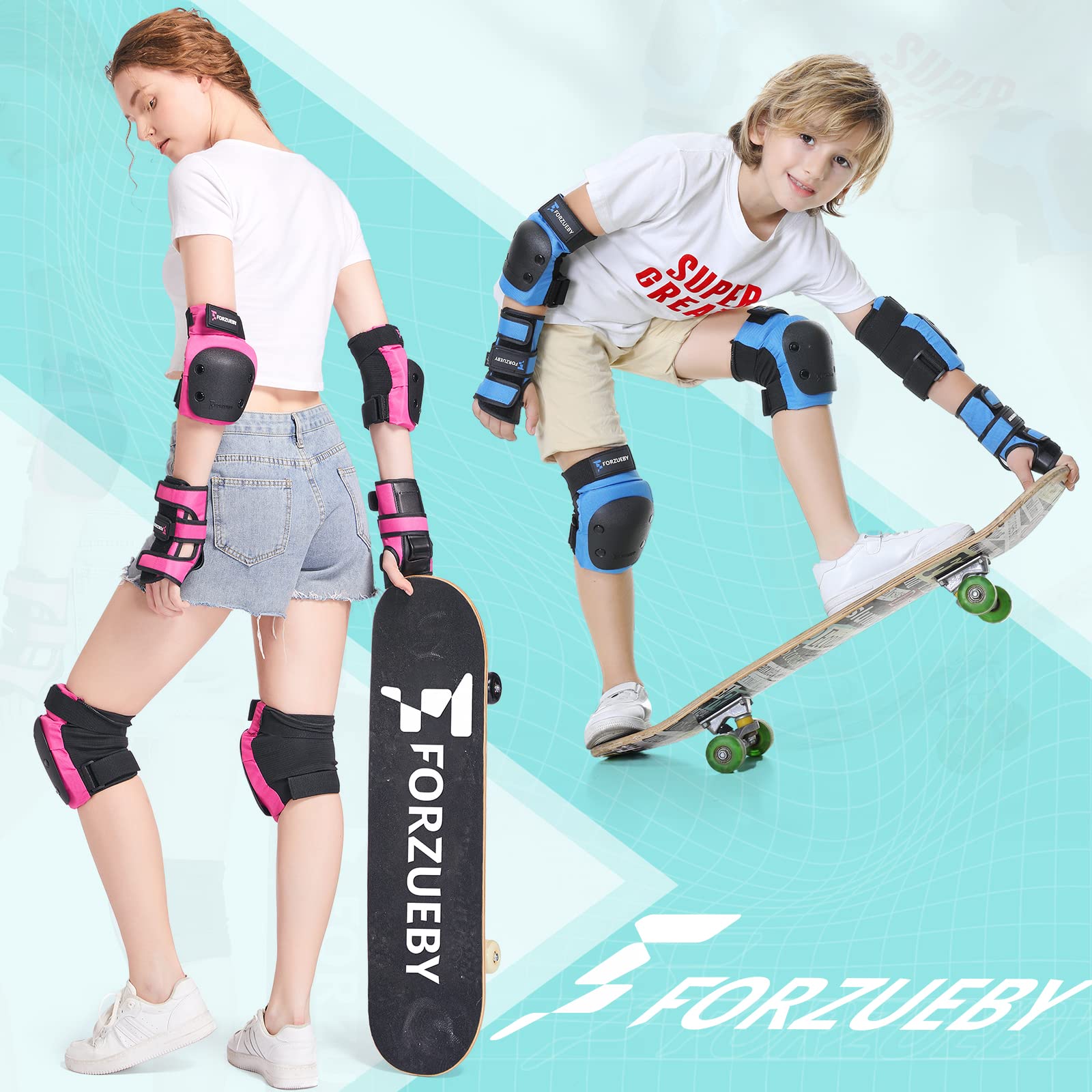 Forzueby Adult/Kids Knee Pads Elbow Pads Wrist Guards 6 in 1 Protective Gear Set for Inline Roller Skating Skateboarding Scooter BMX etc.