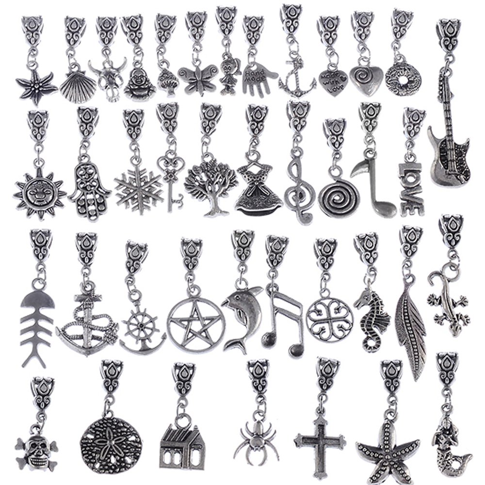 RUBYCA 120Pcs Tibetan Silver Color Connector Bails Mix Beads with Pendant fit Charm Bracelet 102