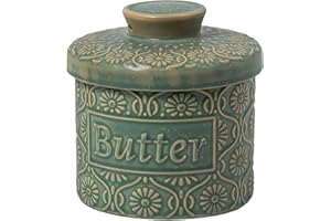 COPORISO Ceramic Butter Crock with Lid, French Butter Dish with Water Line for Countertop, Butter Keeper for Spreadable Butter, Container Holder for Kitchen and Home Decor, 6.7 OZ, Vintage Green