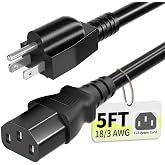 Vockjour Universal 5ft(1.5m) Power Cord, 3-Prong Pure Copper ETL, Black | 10 Amps 125 Volts NEMA 5-15P to C13 AC Cable for TV Monitor PC Printer PlayStation Samsung Dell HP Sony LG Apple Vizio Asus