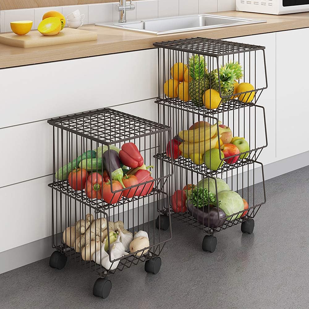 BENOSS Metal Wire Basket with Wheels and Cover,Stackable Rolling Fruit